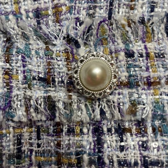 Nanette Lepore Nora‎ Boucle Jacket Womens L Blue Metallic Tweed Pearl Buttons - Picture 7 of 11
